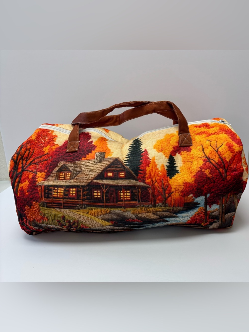 Fall Autumn Cabin Quilted Weekender Duffle Travel Bag 18”